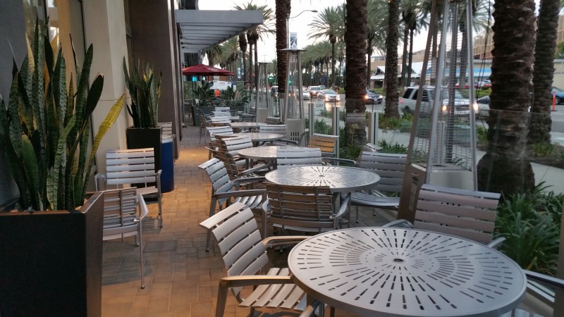 Outdoor seating near the breakfast area