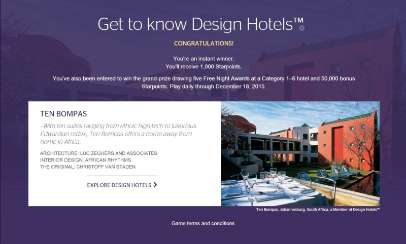 Starwood Design Hotels Sweepstake Instant Win