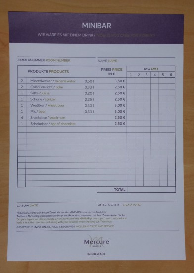 Price List for the Minibar